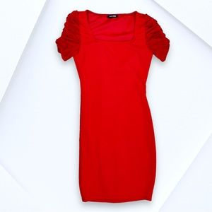 Fashion Nova Red Square Neck Bodycon Mini Dress with Ruched Short Sleeves - XS